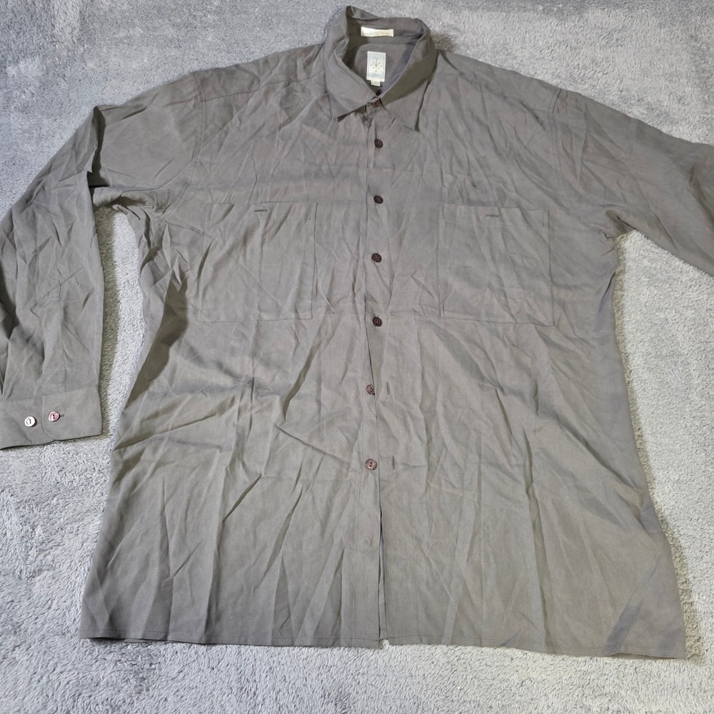Burma Bibas Mens L Button Down Shirt Olive Green 100% Silk Utility Pockets
